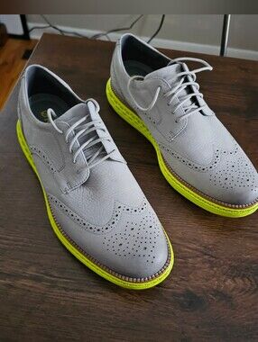 Men's Cole Haan Gray Wingtip Dress Shoes with Neon Yellow Sole Skyweave. Mens 11
